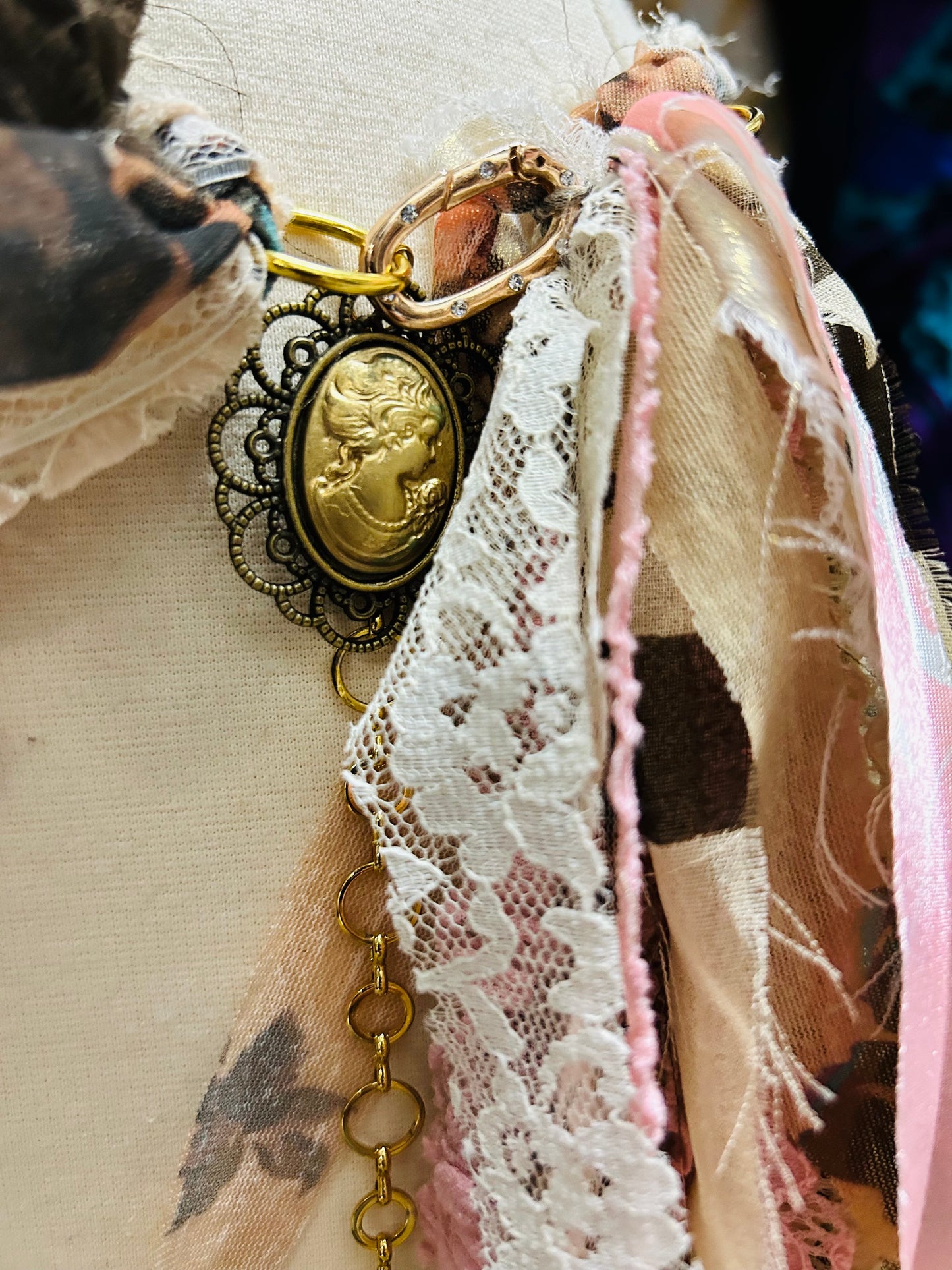 OOAK Fabric Flower & Cameo Handmade Tassel Belt
