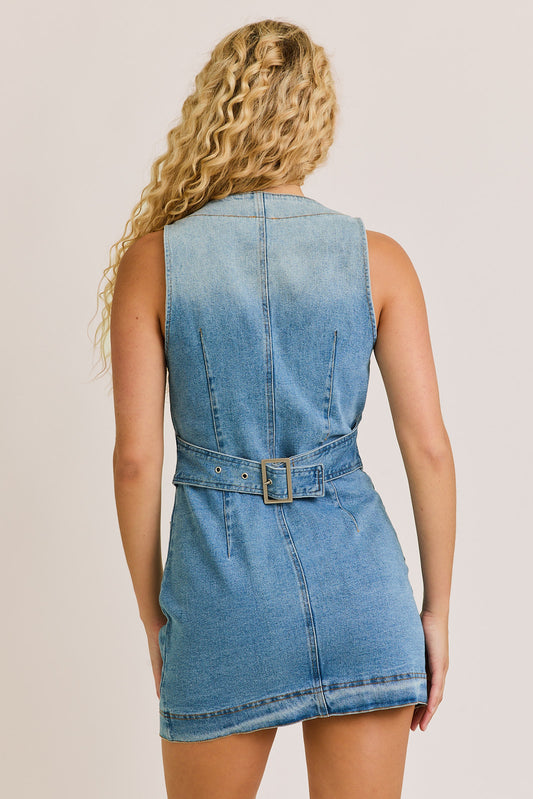 Sleeveless V-Neck Vest Style Denim Mini Dress