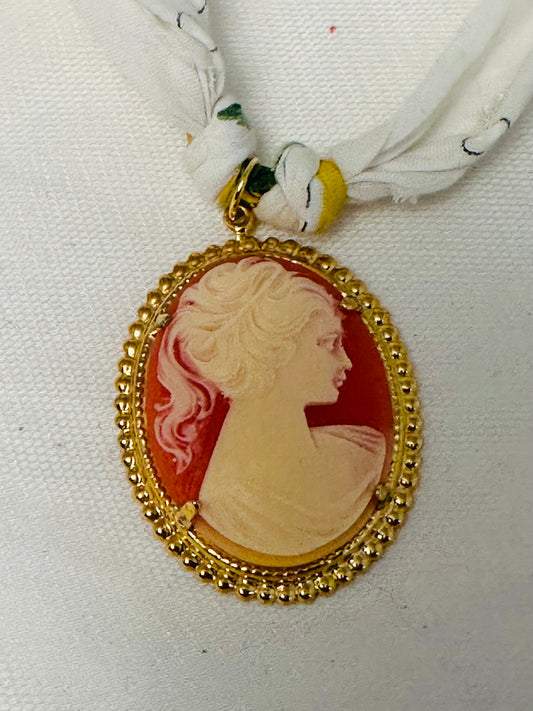 Vintage Hanky and Resin Cameo Pendant Necklace