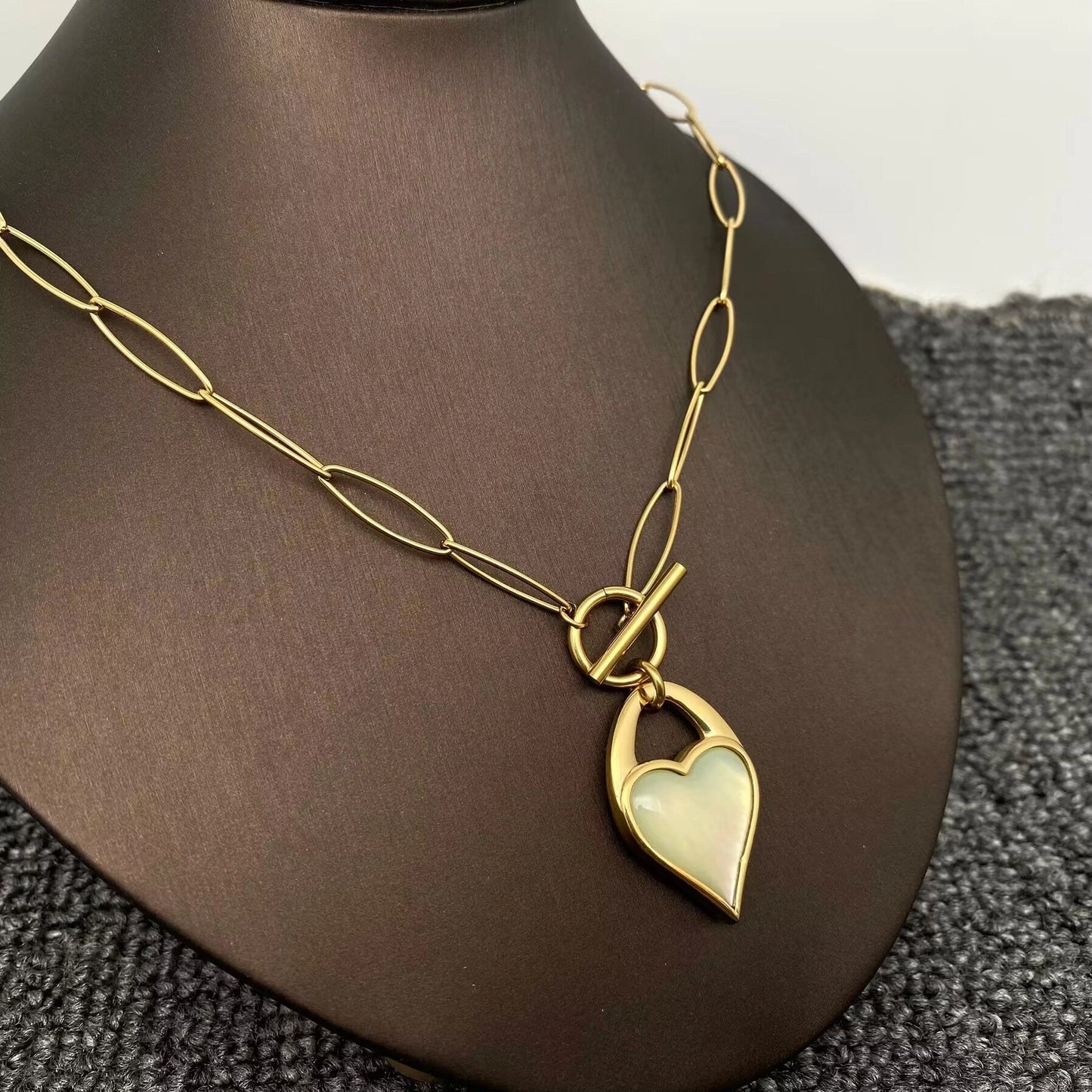 Inlaid Shell Heart Charm 14K Gold-Plated Ss Necklace