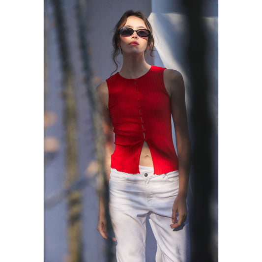 Ribbed Knit Button-Down Sleeveless Top