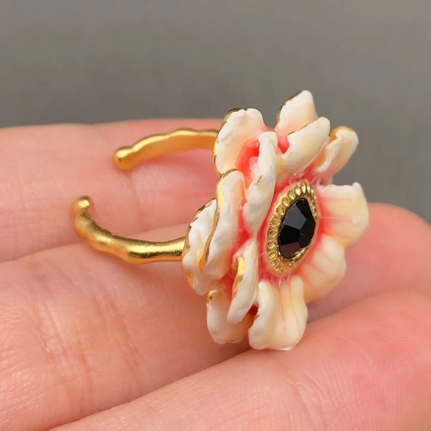 Zircon Inlaid Enamel Flower 18K Gold Plated Adjustable Ring