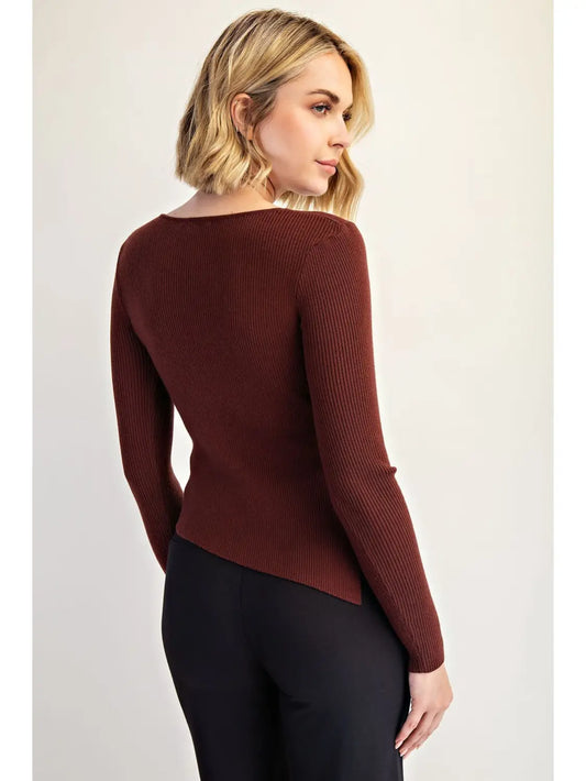 Twisted Front Ribbed Sweater Top W Asymmetric Hem