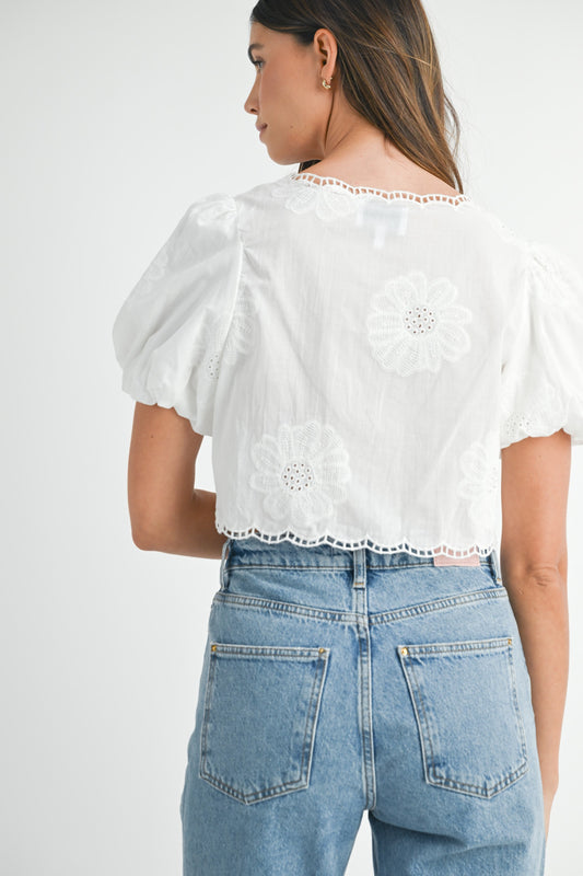 Embroidered Short Bubble Sleeve Crop Top