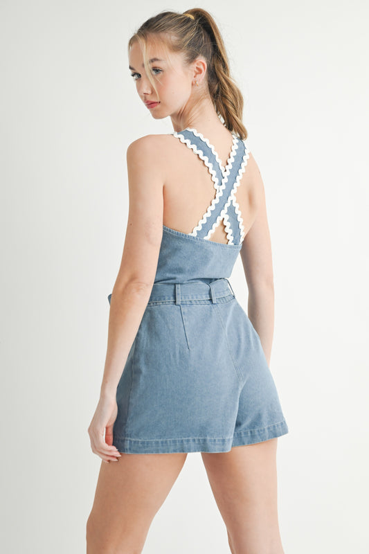 Ric Rac Trim Button Down Denim Romper