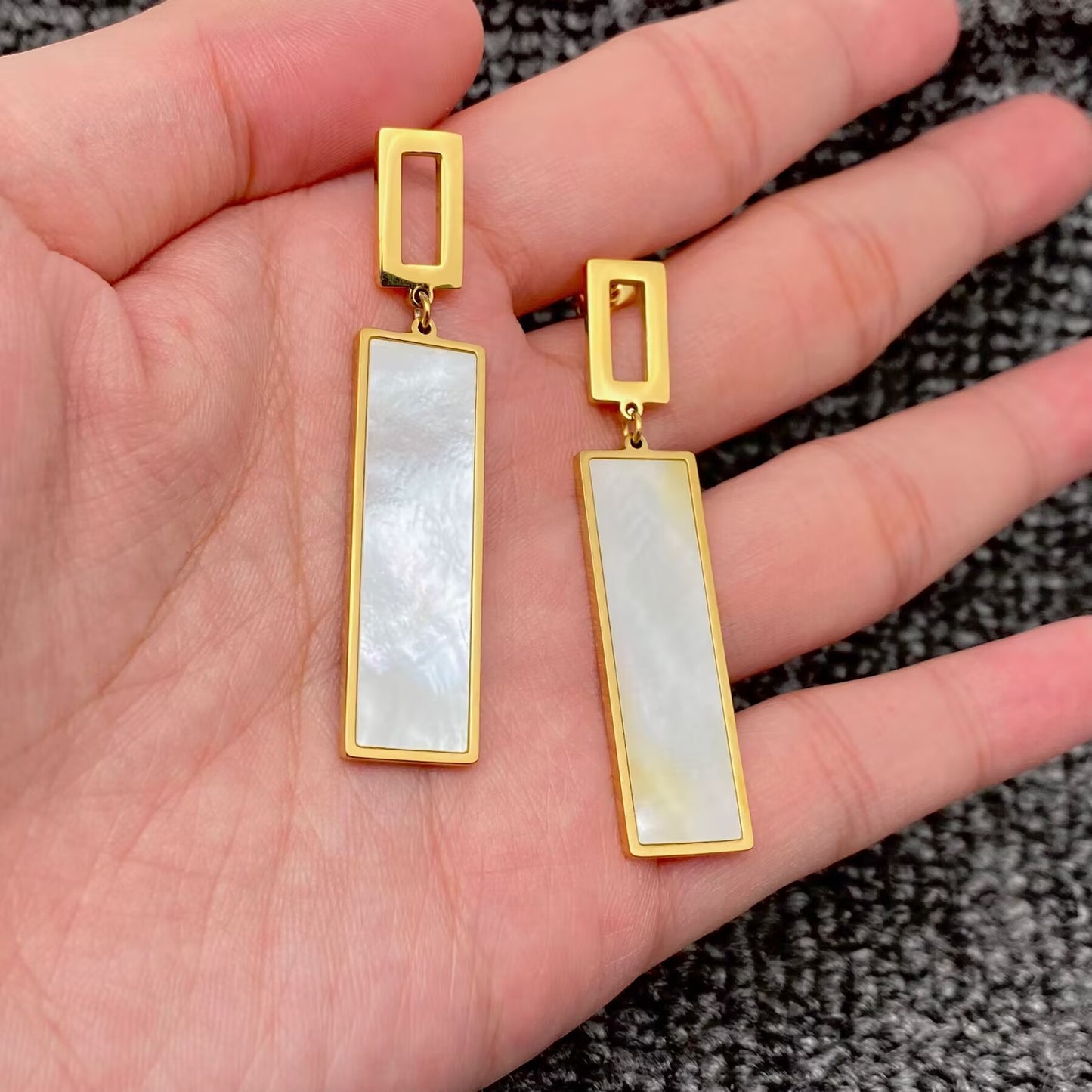 Glossy 18K Golden S.Steel Square Shell Dangle Earrings