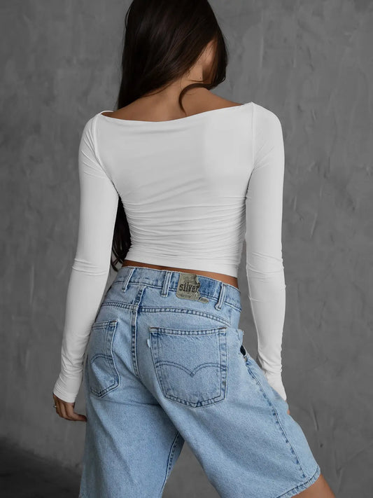 Jolina Lightweight Boat Neck Ruched Bodice Long-Sleeve Top