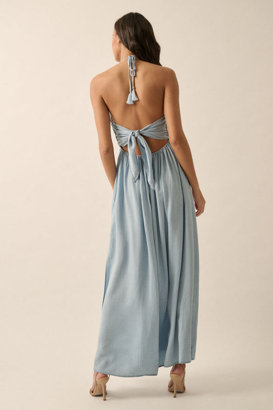 Plunging Halter-Neck Solid Denim Maxi Dress