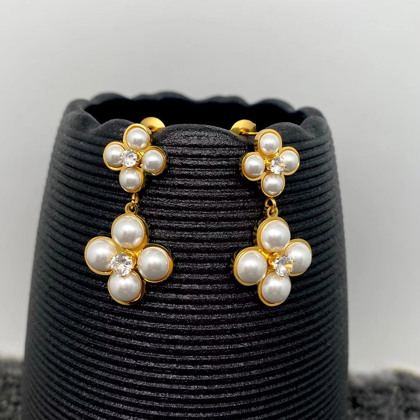 Pearl & Cz Clover Shape 18K Gold Plated Ss Post Earrings