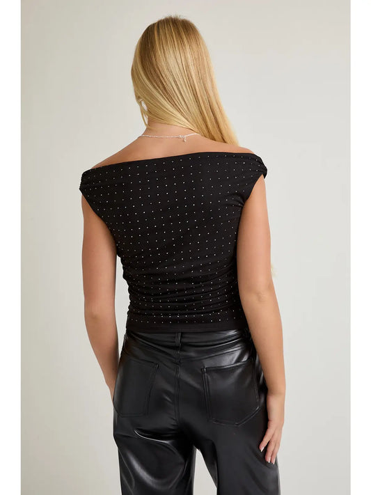 Le Lis Off the Shoulder Top with Rhinestones