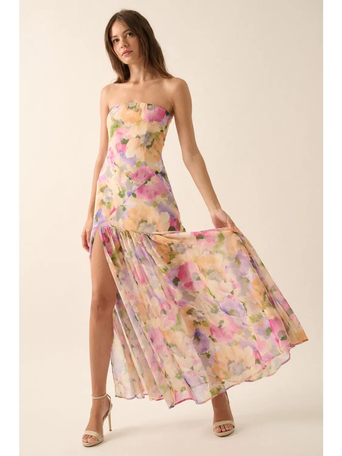 Floral Chiffon Strapless Asymmetrical Maxi Dress