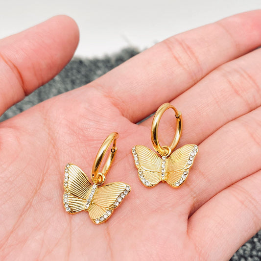 Inlaid Cz Butterfly charm18K Gold Plated Huggie Earring