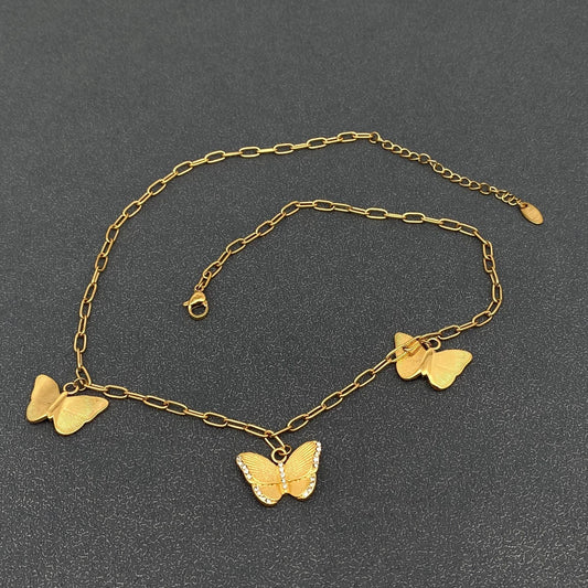 3 Butterfly Charm Inlaid Cz 18K Gold Plated Ss Necklace