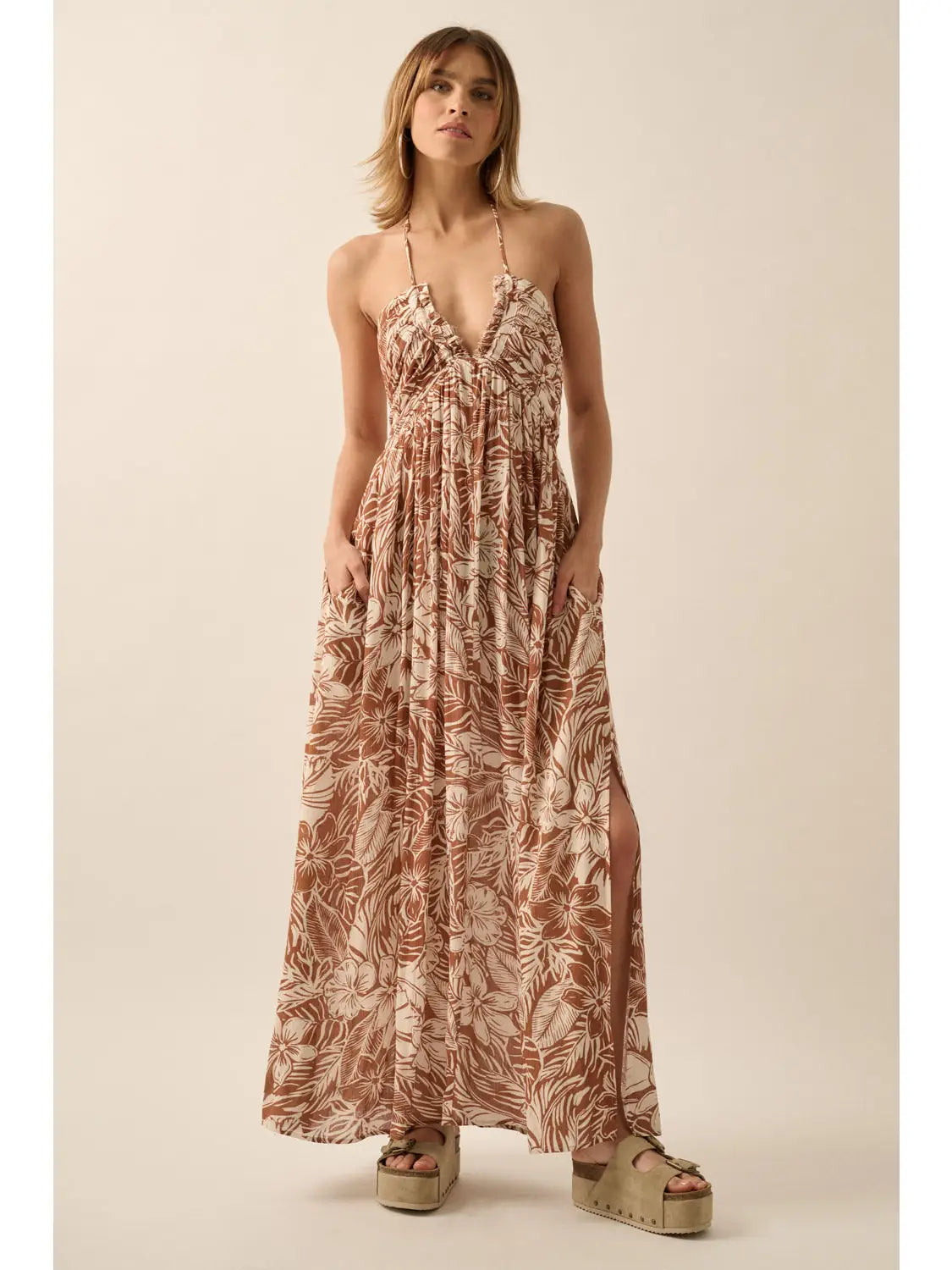 Floral Crepe Plunging-Neck Halter Maxi Dress - SMALL / TAUPE Floral Crepe Plunging-Neck Halter Maxi Dress - SMALL / TAUPE