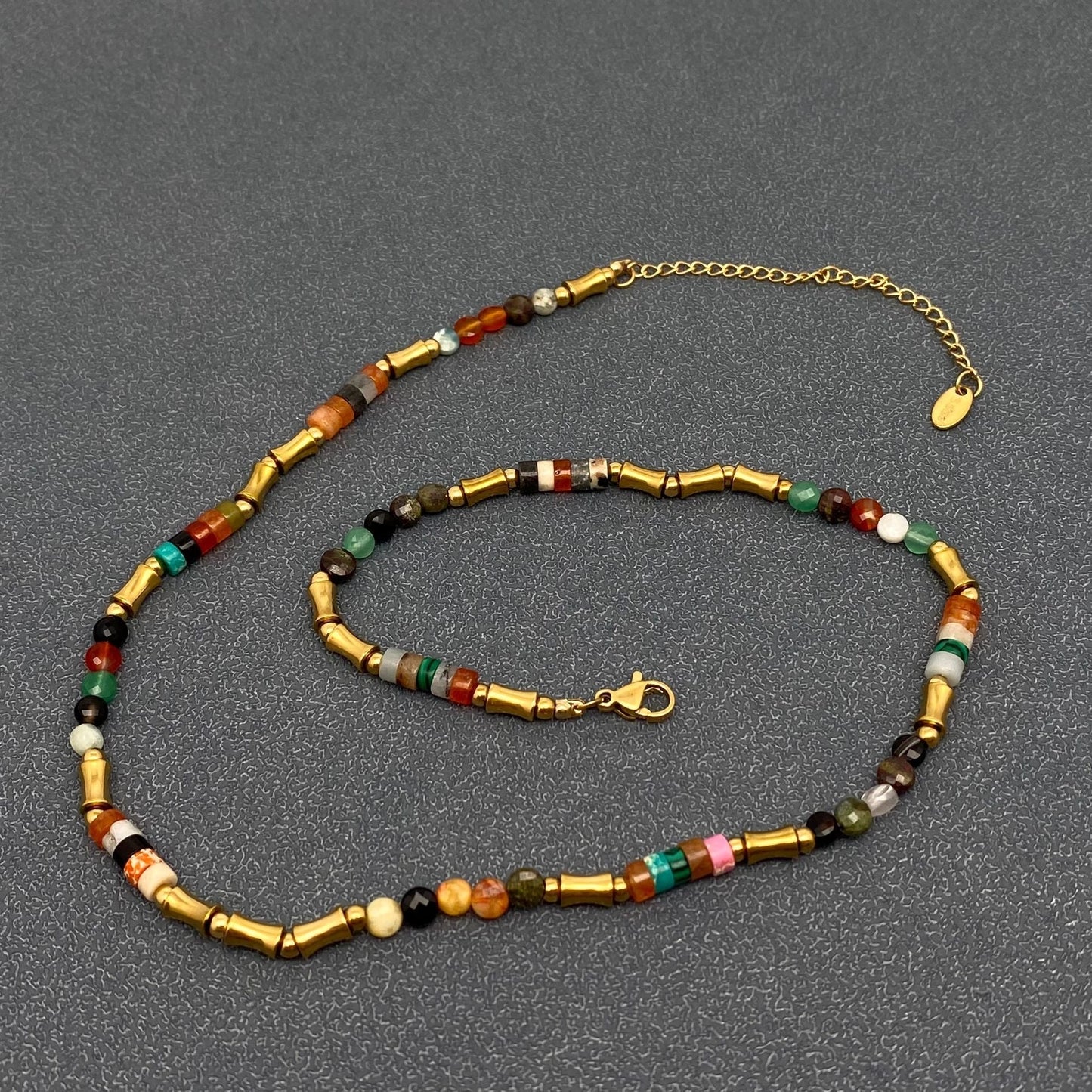 Crystal & Stone & 18K Gold Plated Ss Beaded Necklace