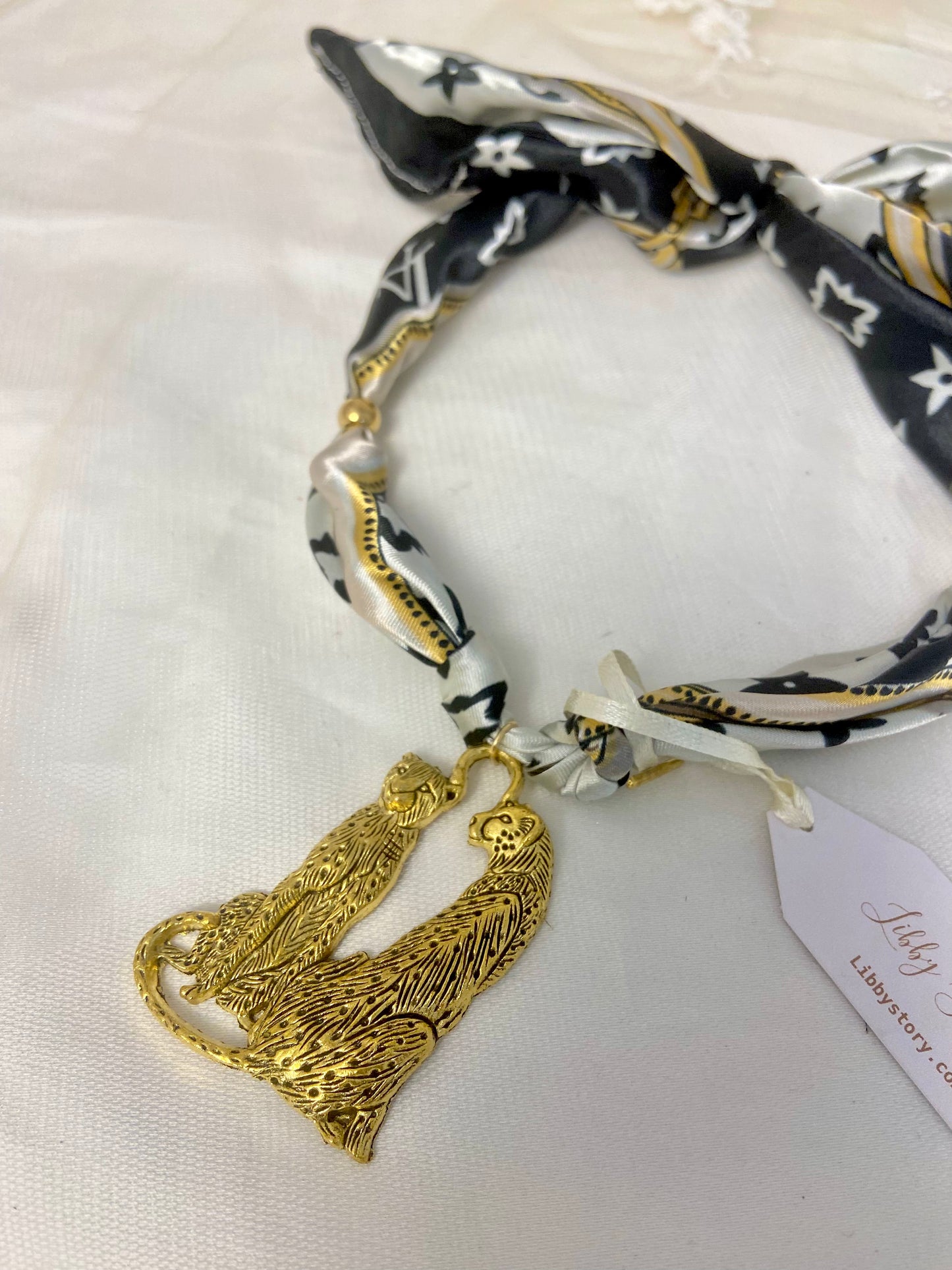 Satin Scarf & Metal Leopard Pendant