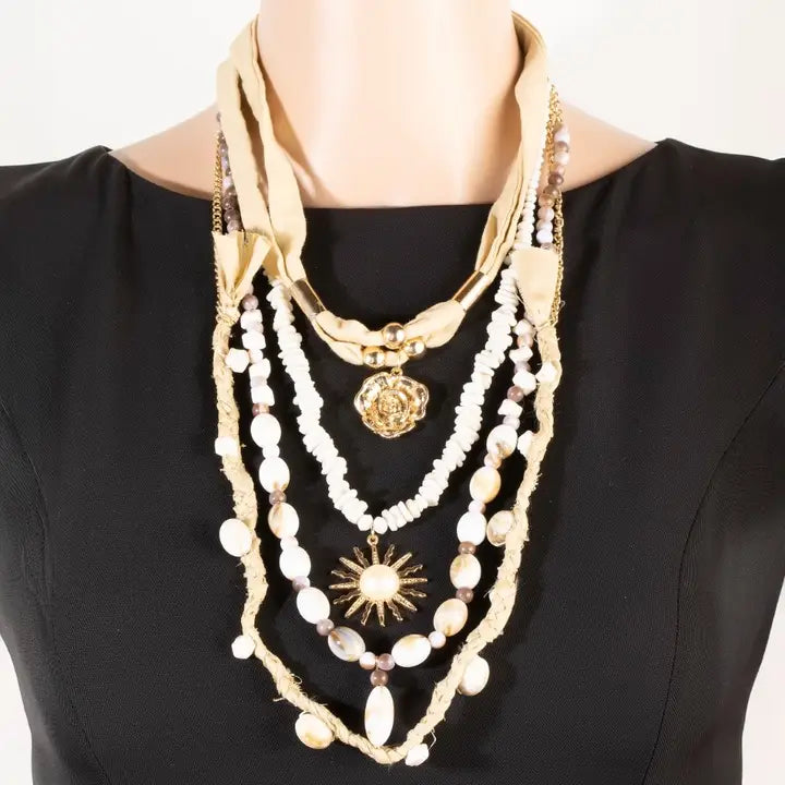 Layered Fabric Chain Beads Necklace