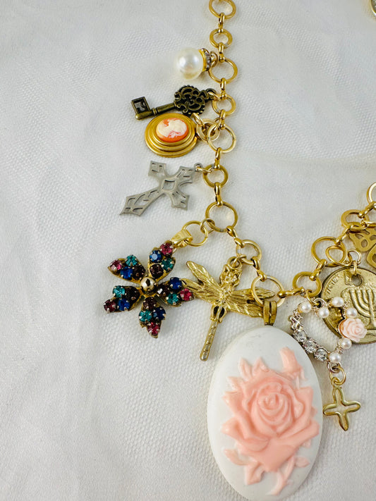 OOAK Pink Rose Cameo Charm Necklace
