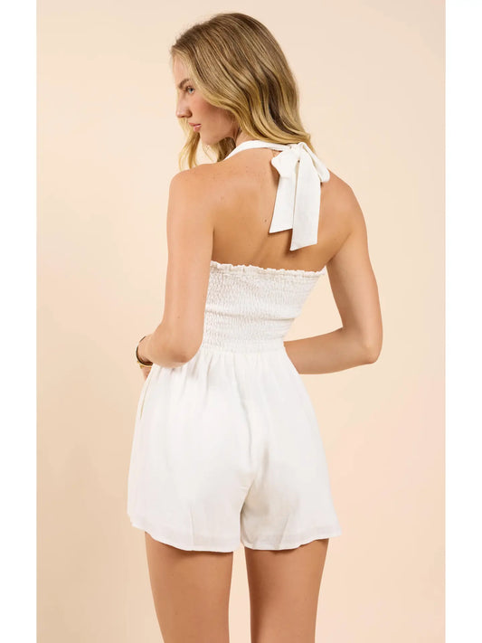 Sadie & Sage Sugarloaf Smocked Halter Tie Romper
