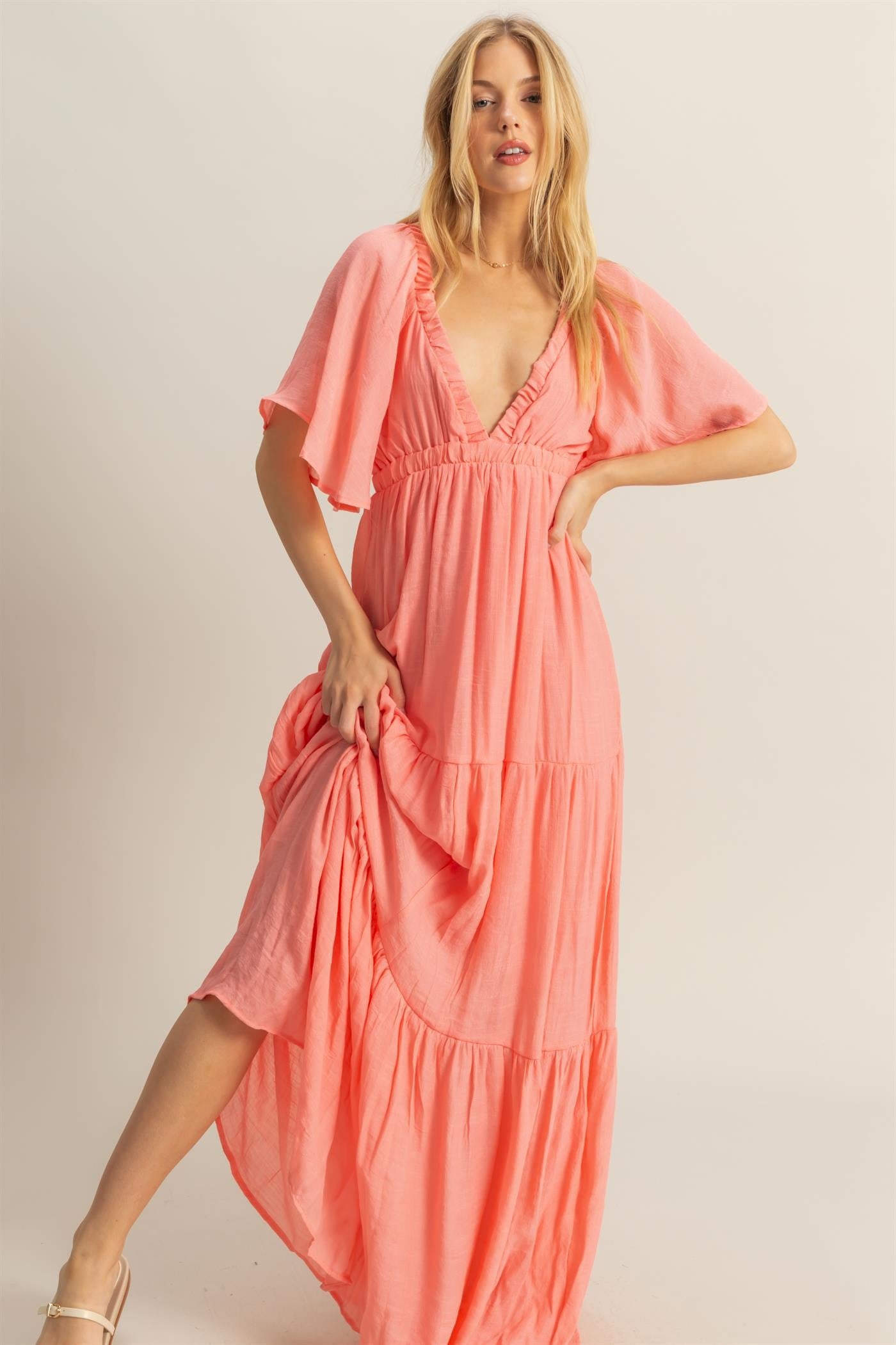 V-Neck Flowy Sleeves Tiered Maxi Dress Libby Story V-Neck Flowy Sleeves Tiered Maxi Dress Libby Story