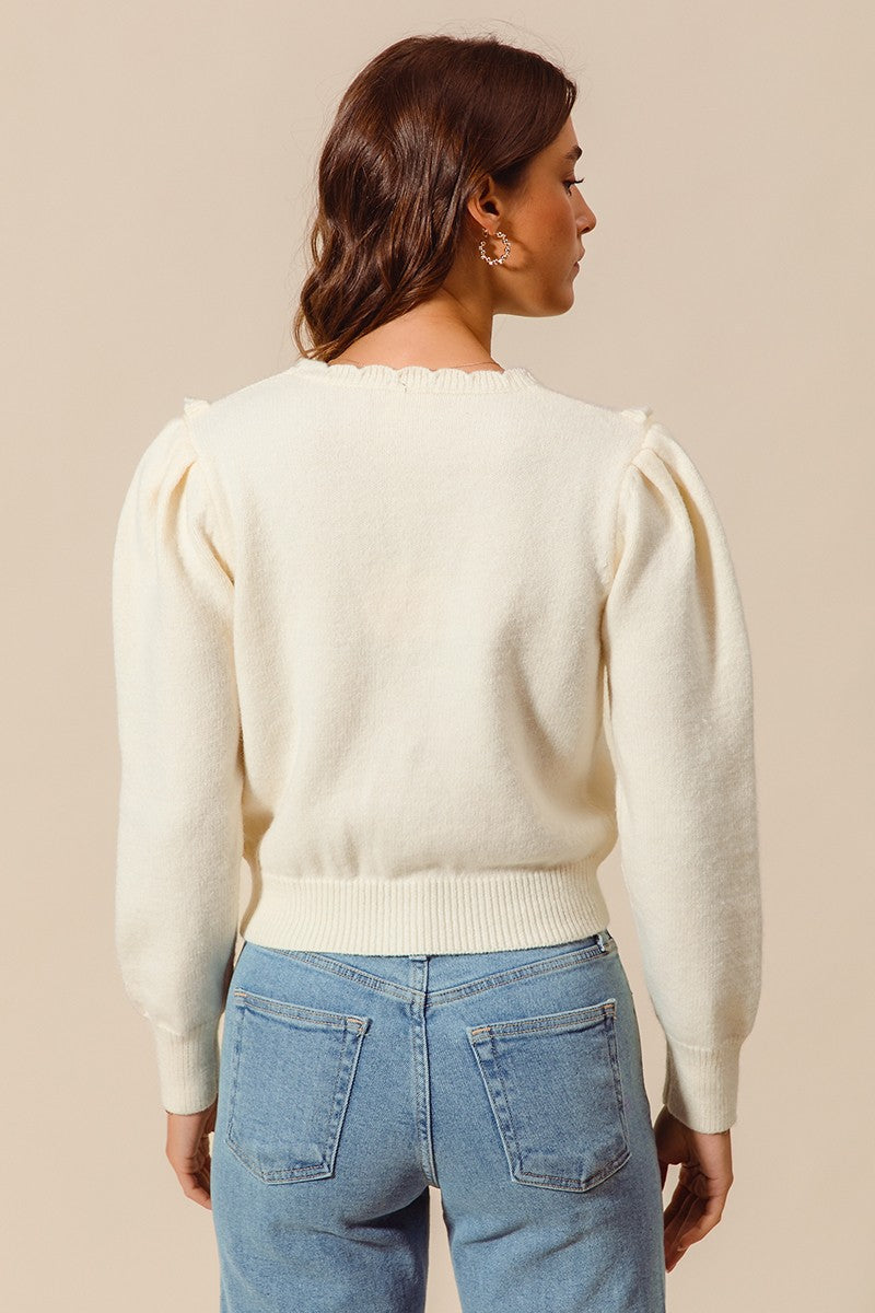 Floral Embroidered Sweater with Scalloped Edge