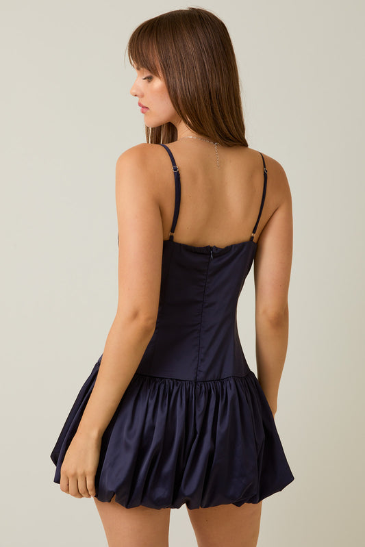 Spaghetti Strap Drop Waist Bubble Hem Satin Mini Dress