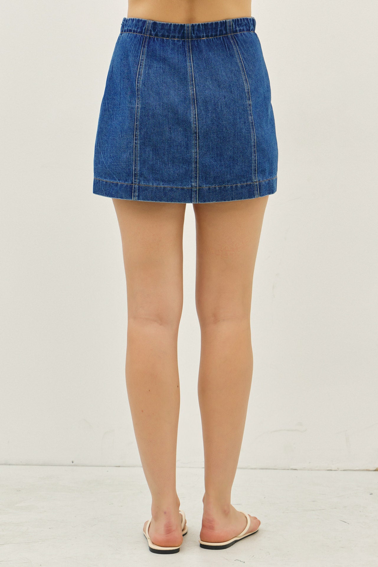Washed Denim Wrap Front Mini Skort with Zipper
