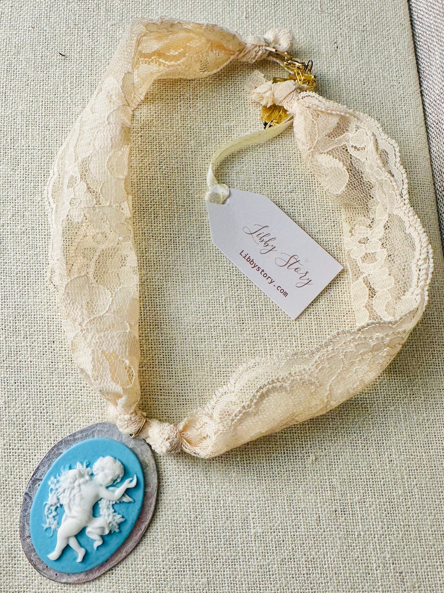 Vintage lace and Resin Cameo Pendant