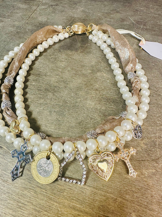 OOAK Vintage Pearl & Metallic Fabric Charm Layered Necklace