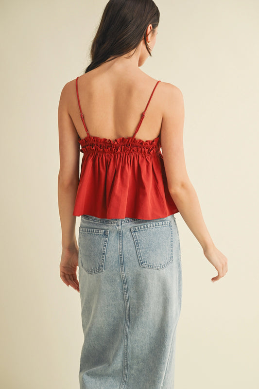 Elastic Ruffle V Neck Tied Cami Top