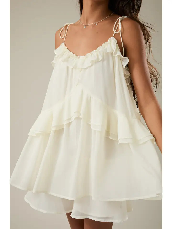 Ruffle Detail Shoulder Tie Flare Romper