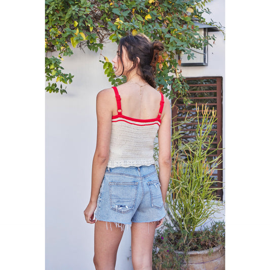 Patterned Sweater Crop Tank Top with Contrast