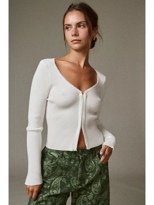 Ribbed Knit Sweetheart Long Sleeve Top