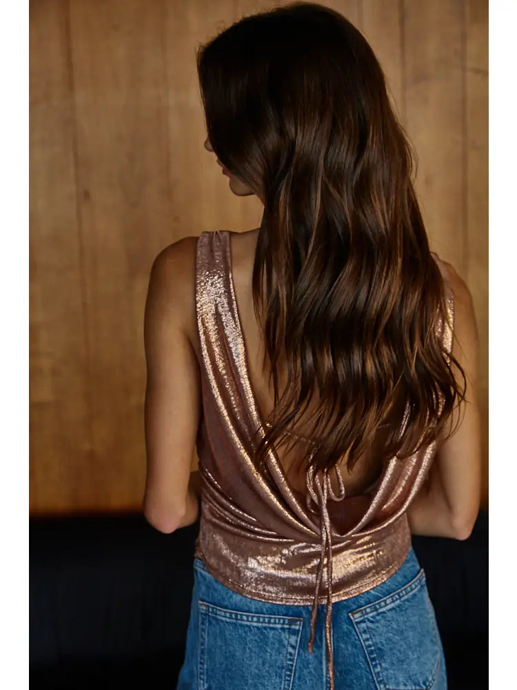 Knit Polyester Spandex Lurex Cowl Open Back Top