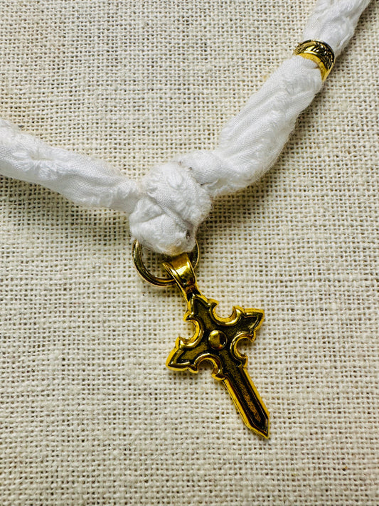 Brass Cross and Beads Eyelet Fabric Necklace