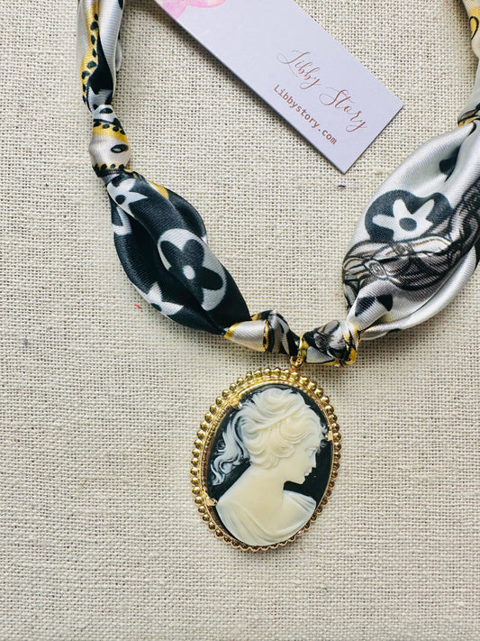 Vintage Cameo Satin Scarf Necklace