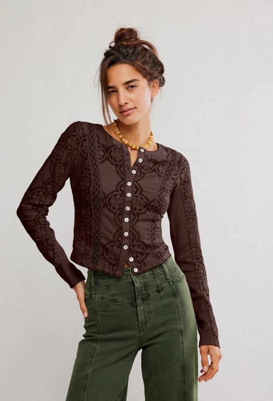 FREE PEOPLE JAE KNIT LONG SLEEVE BUTTON FRONT TOP