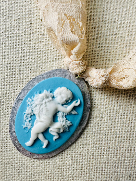 Vintage lace and Resin Cameo Pendant