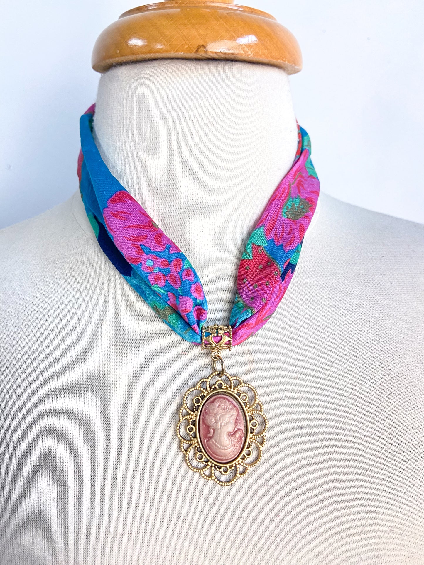 OOAK Vintage Scarf Cameo Necklace