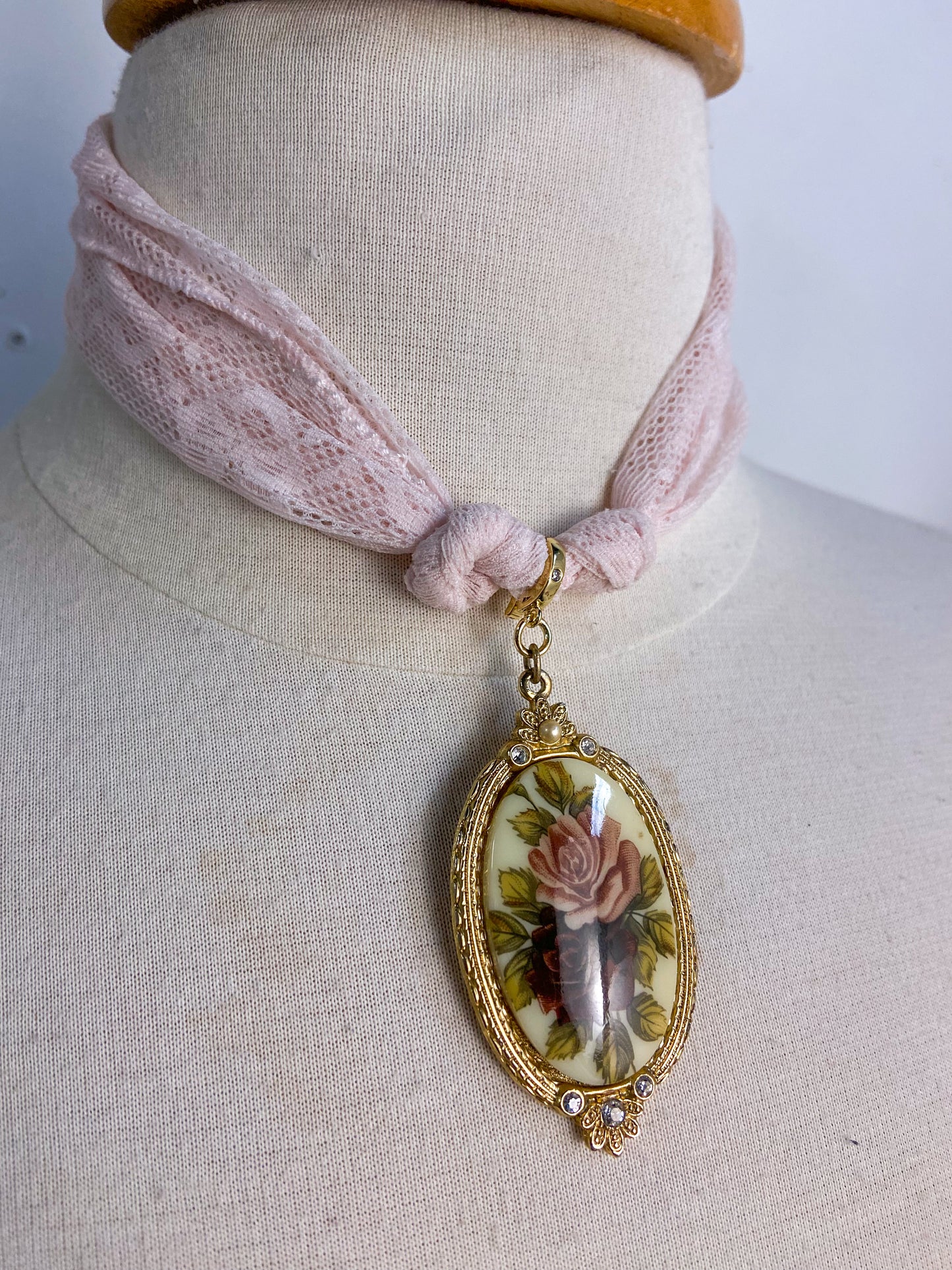 OOAK Lace and Clip On Floral Cameo Necklace