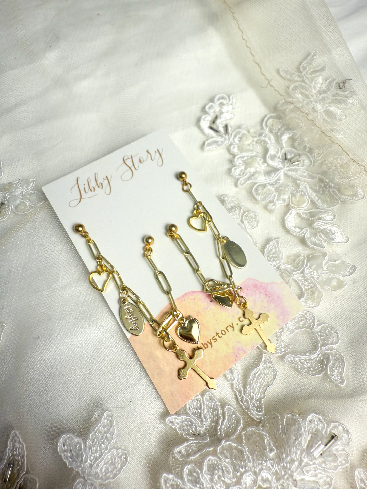 Double Stud Earrings w/Charms + Chain