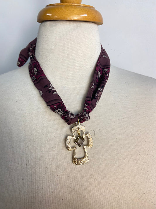 OOAK Vintage Cross with Charm Scarf Necklace