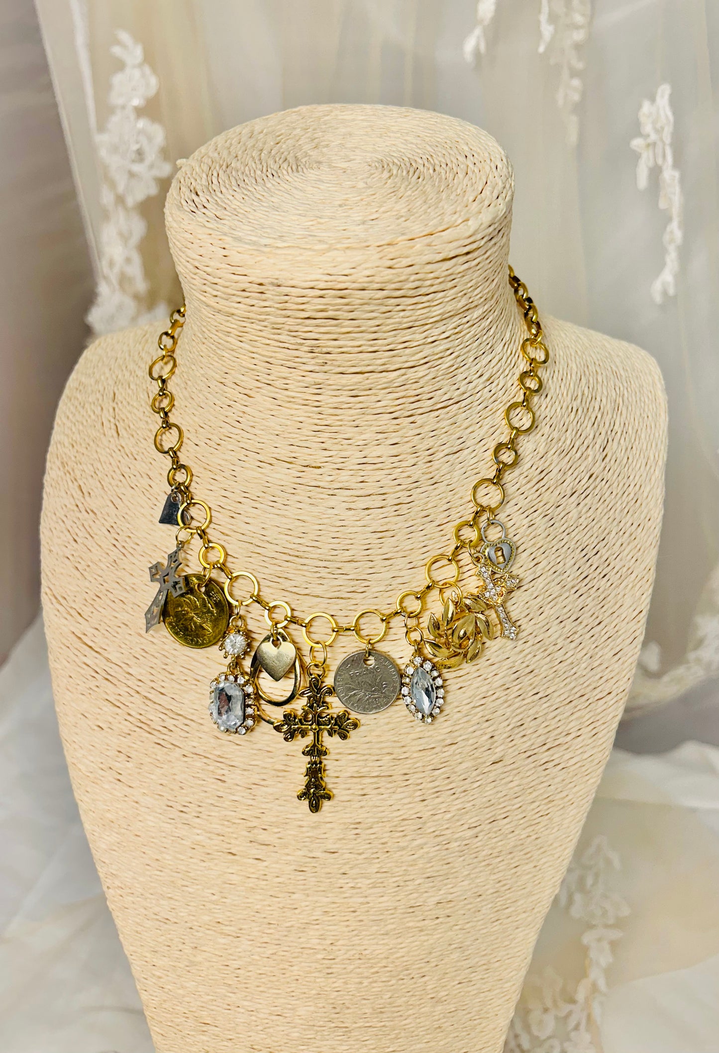 OOAK Vintage Cross and Earring Charm Remix Necklace