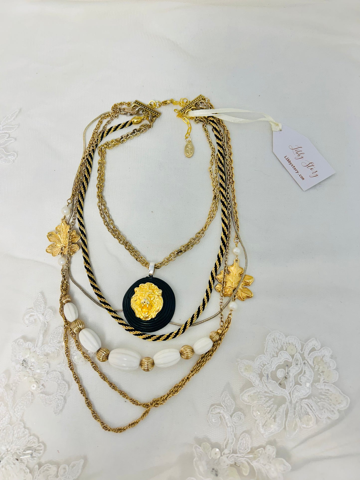 OOAK Vintage Mixed Chains Lion Pendant Necklace