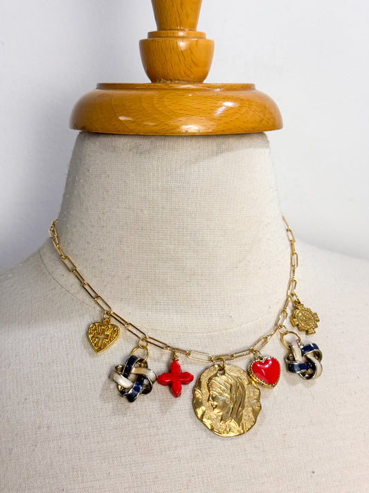 OOAK Vintage Coin Red/Navy Charm Necklace