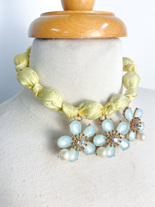 OOAK Knotted Silk Scarf Floral Pendant Statement Necklace