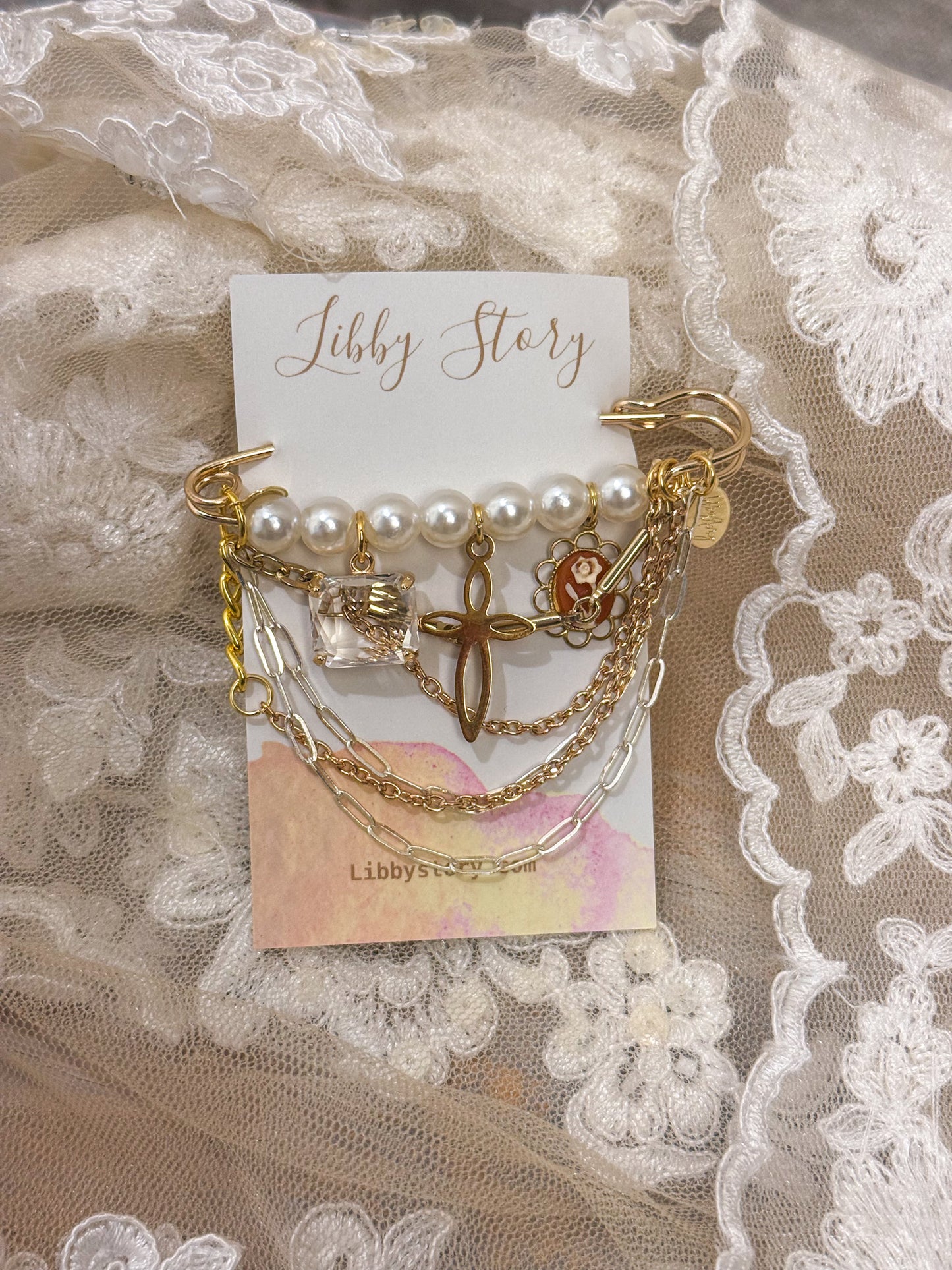 OOAK Cross and Floral Cameo Pin