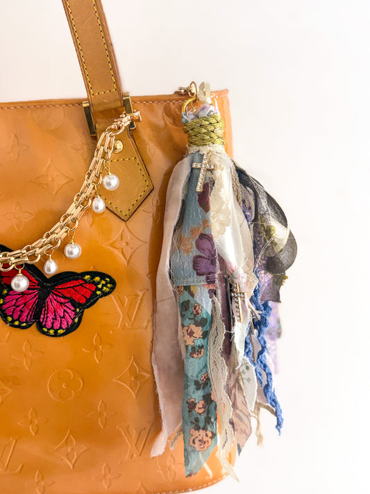 OOAK Rhinestone Cross & Fabric Bag Charm