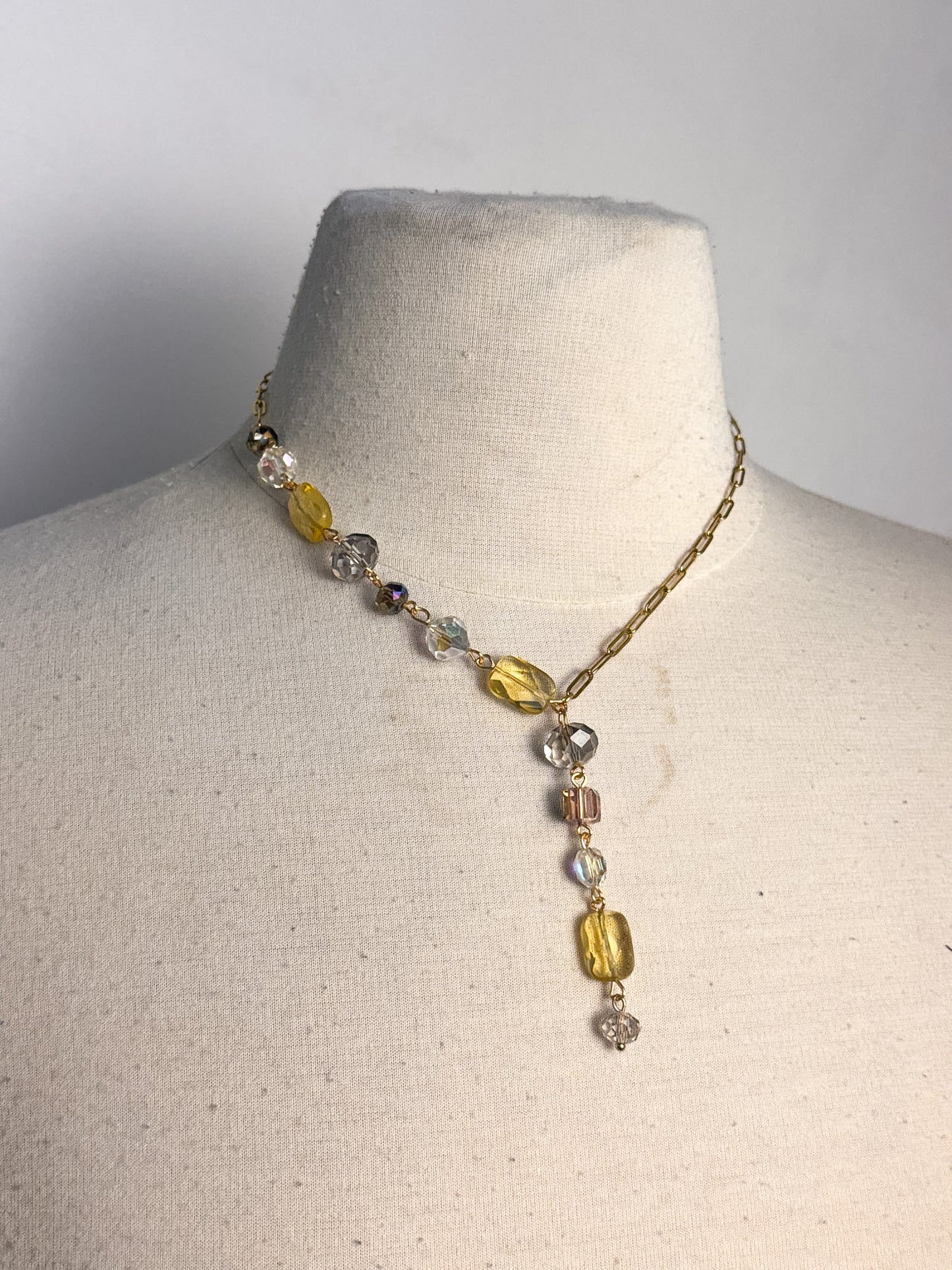 OOAK Citrine & Facated Glass Lariat Necklace