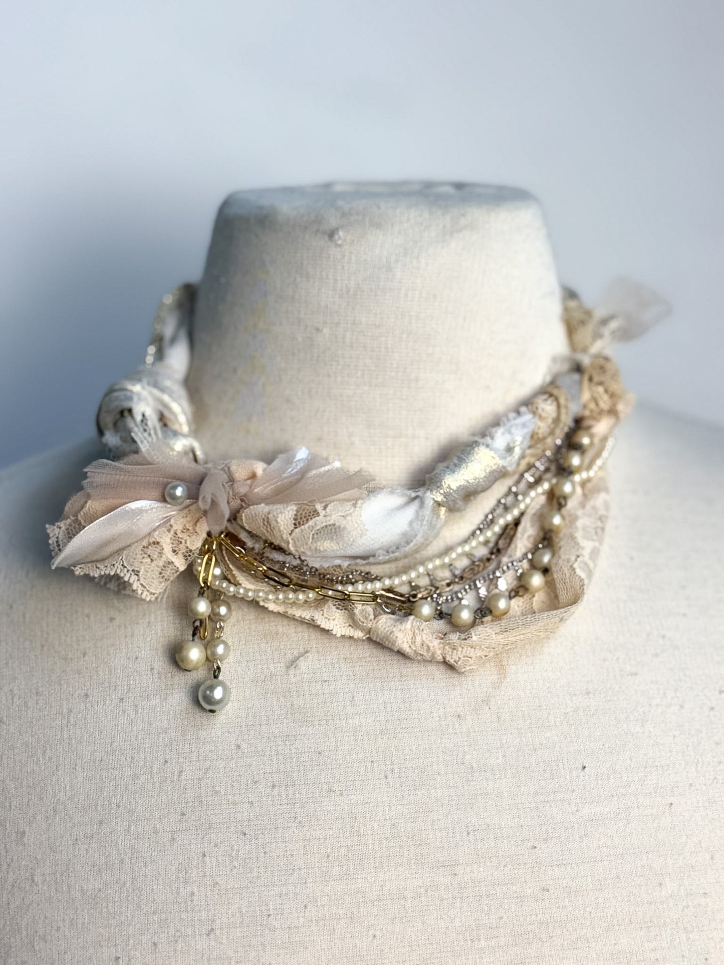 OOAK Vintage Lace & Pearl Statement Necklace